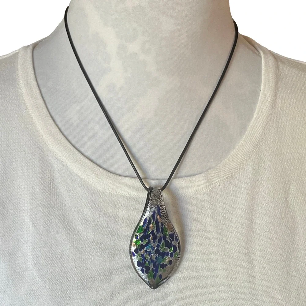 Artisan Made Glass Leaf Pendant Necklace – Black Cord, Blue & Green Accents